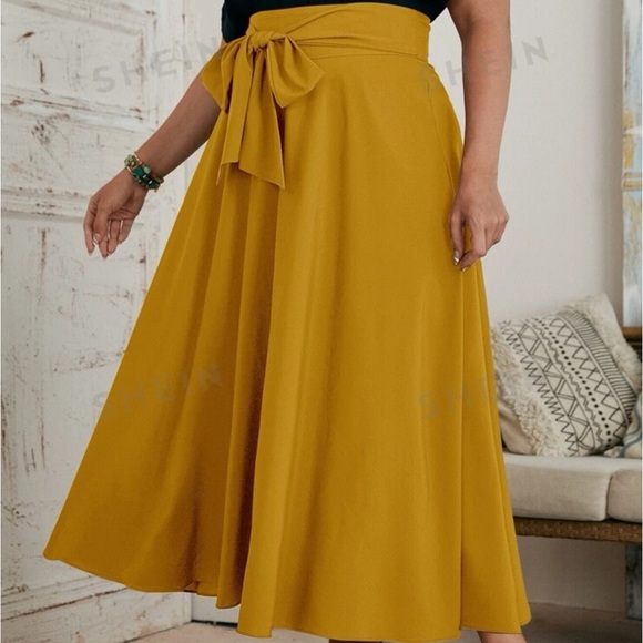 NEW| SHEIN Plus Size Mustard Color Tie Front Skirt - Picture 3 of 5